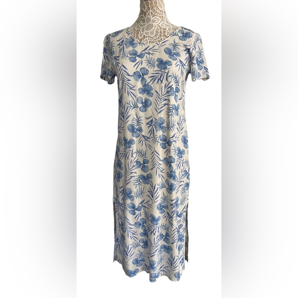 Tahiti Reef Club Short Sleeve Womens Blue Floral Dress size small